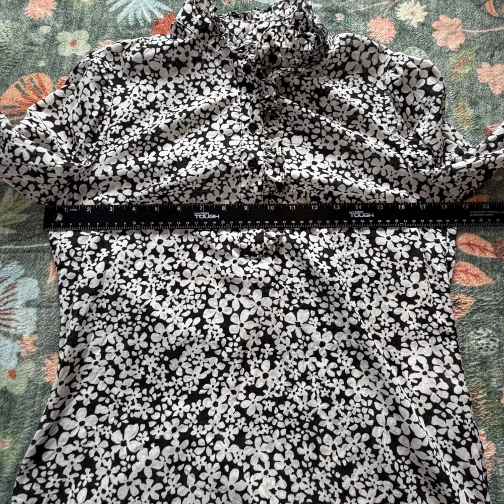 Tory Burch Black White Floral Ruffle Neck Cotton‎ Blouse 29111198 Size 8